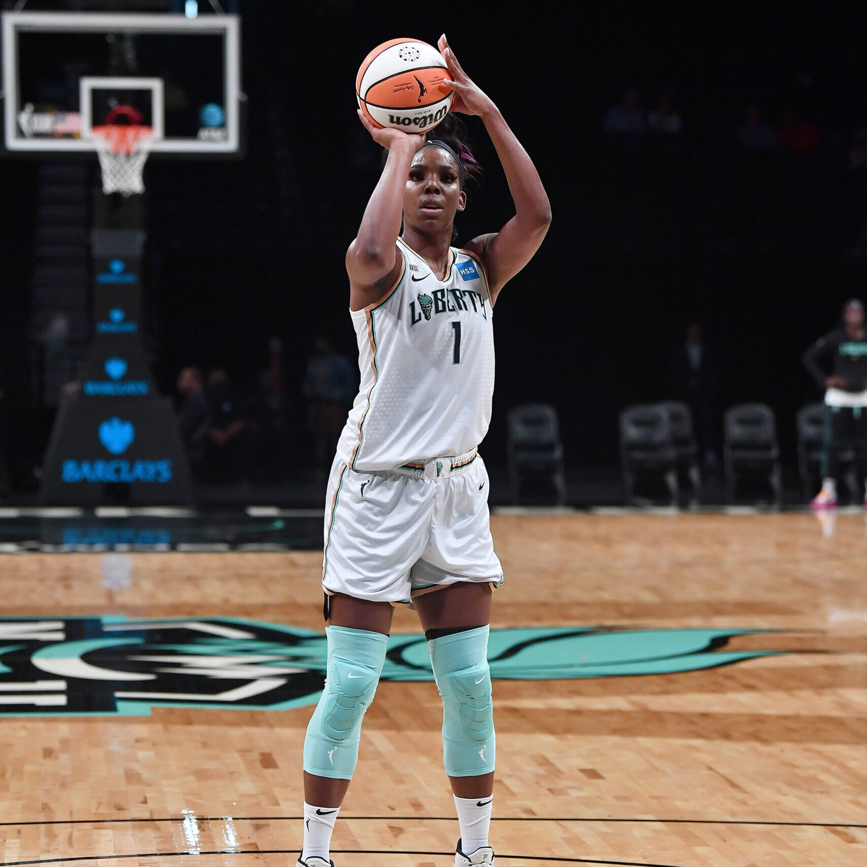 BROOKLYN, NY - JULY 5:   Reshanda Gray #1 of the New York Liberty shoots a free throw against the Dallas Wings on July 5, 2021 at the Barclays Center in Brooklyn, New York. NOTE TO USER: User expressly acknowledges and agrees that, by downloading and or using this photograph, user is consenting to the terms and conditions of the Getty Images License Agreement. Mandatory Copyright Notice: Copyright 2021 NBAE (Photo by Catalina Fragoso/NBAE via Getty Images)